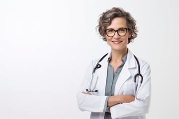 Mature female doctor on light background - obrazy, fototapety, plakaty