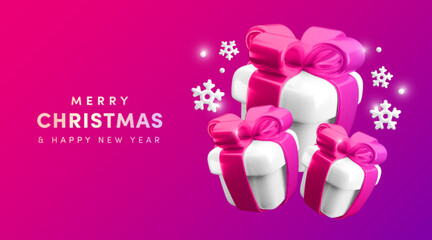 Merry Christmas and Happy New Year neon background. Vector 3d gifts and snowflakes greeting concept. Falling present boxes, snow on vibrant colorful gradient background. 3d render Xmas illustration