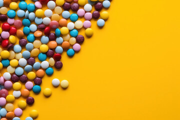 different candy lay flat over a yellow vibrant studio background with space for text