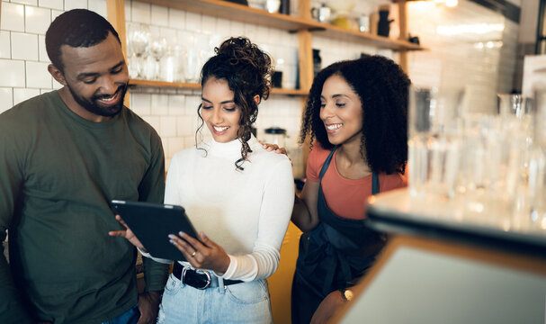 Happy Woman, Tablet And Team In Small Business Cafe For Inventory, Meeting Or Planning At Coffee Shop. Female Person, Entrepreneur Or Restaurant Owner Smile In Teamwork On Technology At Retail Store