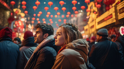 Fototapeta na wymiar Horizontal, Young Caucasian tourists in the Chinese New Year celebration. Concept person culture