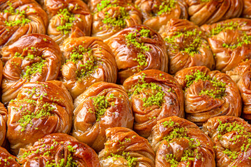 Turkish desert baklava with peanut, pistachio for holiday or ramadan. Traditional Middle Eastern Flavors. Selective focus, pattern.