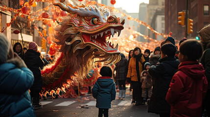 Horizontal photo of a preschool girl, watching Chinese new year parade. Concept people culture. - obrazy, fototapety, plakaty