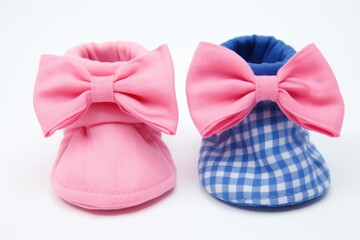 pink and blue baby booties side by side on a white background