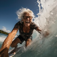 Old Woman Surfing Action and Elderly Adventure Vitality and rejuvenation concept - obrazy, fototapety, plakaty
