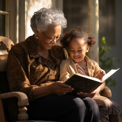 African American Grandmother Reading Book to Grandchild Girl, Family, Imagination, Learning and Bonding Concept