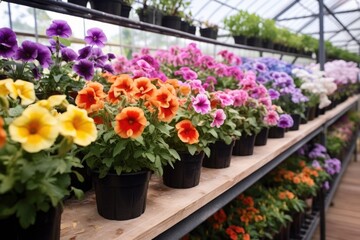 colorful flowers blooming in a greenhouse rack setup