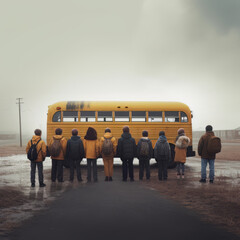 Golden Dawn Excitement: Children Await the School Bus in Misty Autumn Morning