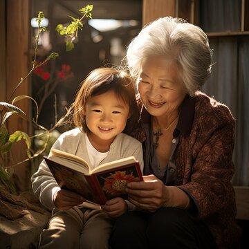 Happy Asian Grandmother Reading a Book to Granddaughter, Story time, Imagination, and Inspiration for Child Development and Growth 