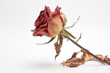 single withered rose against a white background