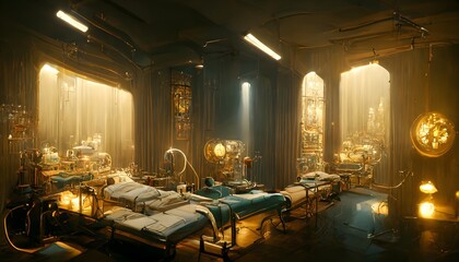 establishing shot of the grimdark mad doctors operating room cybertech hospital bed and medical machinery life support tubes and monitors surgical lights glowing filthy antique art deco setting  - obrazy, fototapety, plakaty