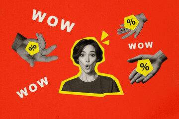 Creative poster banner collage template of amazed lady shopaholic impressed wow sales on black...