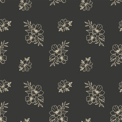 Seamless pattern, golden contour hibiscus flowers on a dark background. Print, floral background, textile. Vector