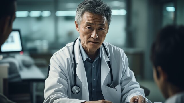 Mature gray-haired asian doctor in white medical gown with stethoscope talking with patient in office. Experienced clinician listens carefully to patient's complaints. Quality medical treatment.