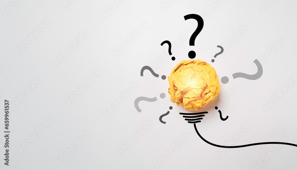 Poster yellow scrap paper ball with question mark for virtual lightbulb. it is creative thinking idea innov