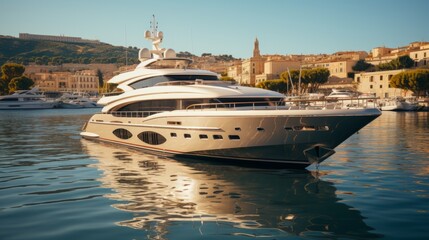 Obraz premium Luxury yacht moored in picturesque bay of beautiful ancient Mediterranean city. Ultra-modern megayacht reflected in water under the bright summer sun. Luxury tourism and romantic sea cruises concept.