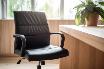 black office chair in front of a light wooden desk