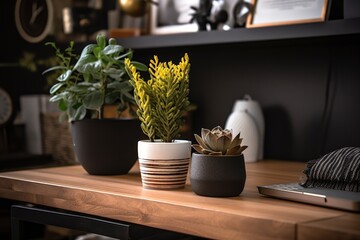 cozy setup with a warm wooden desk, flower vase, and succulent plant