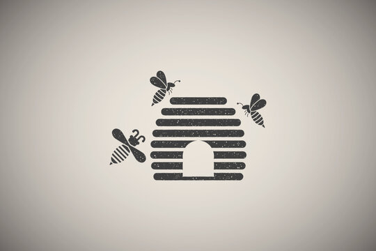 hive, bee icon vector illustration in stamp style