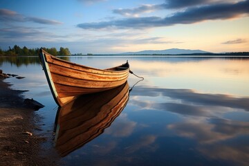 a wooden boat docked on a calm shore