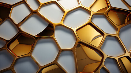 Gilded Extravaganza: 3D Rendered Metallic Bionic Style Geometric Patterned Grills with Mosaic of Gold Pattern Shapes