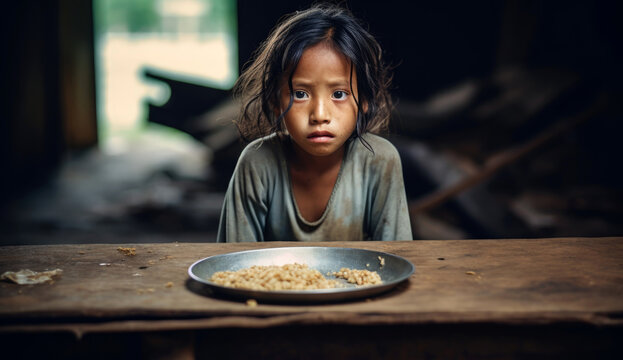 Child sitting at a wooden table looking at a plate of food in a dimly lit room during the day