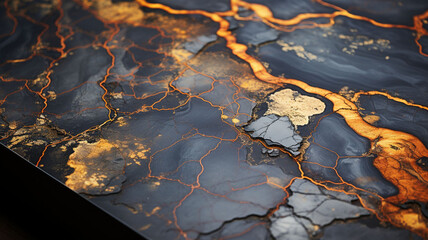 Elegant 3D Rendered Blue and Gold in White Marble Graphite Stone Pattern with Intricate Polygonal Line Cracks and Dynamic Cracking Effects, Luxurious Geometric Surface Artistry and Gilded Vein Detaili