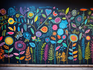 Vibrant illustrations in various hues showcase creativity on a blackboard inside a school setting.