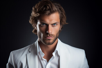 Obraz premium Fashion and style concept. Beautiful man fashion close-up studio portrait. Generative AI