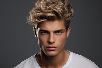 Fashion and style concept. Beautiful man fashion close-up studio portrait. Generative AI