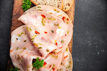 mortadella slice marinated vegetable boiled sausage olive, pickled cucumber, pepper, gherkin appetizer eating cooking meal food snack on the table copy space food background rustic top view