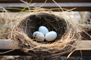 two empty bird nests, one filled with eggs