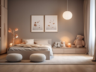 Contemporary design for a beige kid room. AI Generation.