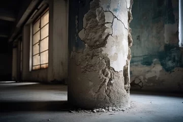 Fotobehang cracked concrete pillar, construction building © waranyu