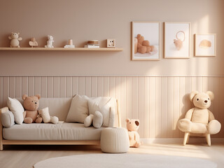 Chic design for a calming beige kid room. AI Generation.