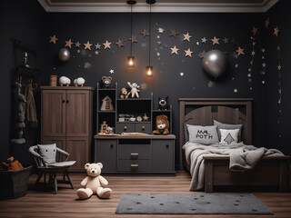 Rustic charm meets modern design in a kid's room featuring dark wood elements. AI Generation.