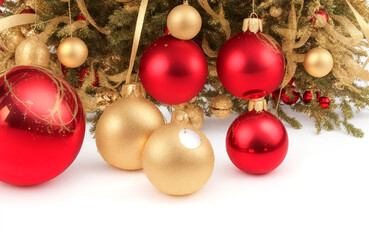 Red and golden christmas balls on white background