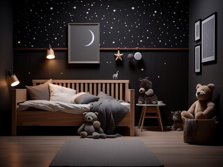 Vibrant furniture complements the allure of a dark wood child room's interior. AI Generation.