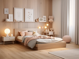 Inviting interior incorporates light wood in room for kids. AI Generation.