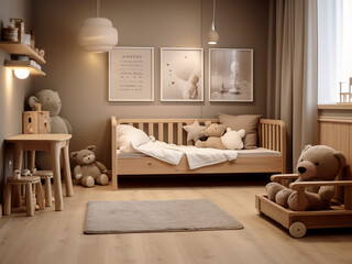 Calm and elegant design embraces light wood in kid room. AI Generation.