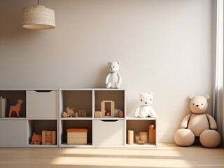 Minimalist kid room with stylish furniture. AI Generation.