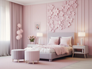 Comfortable design of a pink child room with functional furniture. AI Generation.