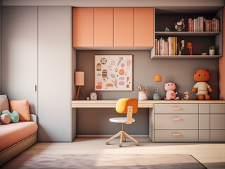 Whimsical design for a contemporary kid room. AI Generation.
