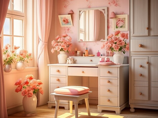 Soft hues and cozy furniture define a Provence child room's interior. AI Generation.
