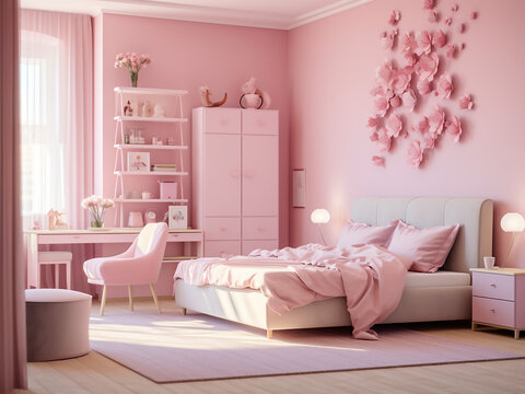 Modern design of a pink child room with sleek furniture. AI Generation.