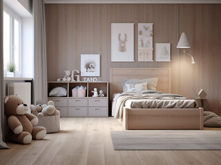 Obraz premium Natural wood child room design with kid-friendly charm. AI Generation.