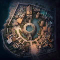 city fantasy map overhead satellite view rebuilt ancient ruins with a wall surrounding the city the city locations include inner City The Industrial District The Residential District The Temple  - obrazy, fototapety, plakaty