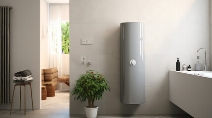 Interior of the room with modern water heater. Bathroom Water boiler for home, alternative water heating for private homes.