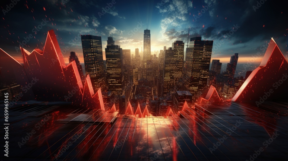 Poster red alarming graph going down arrows showing market crash background