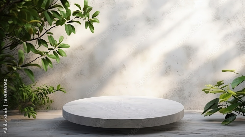 Poster White Marble Table with Tree Shadow in the Garden on Concrete Wall Texture Background, Suitable for Product Presentation Backdrop, Display, and Mock up.